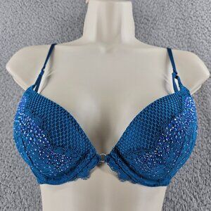 Victorias‎ Secret Bra Womens 32C Blue Very Sexy Push Up Underwire Padded Lace